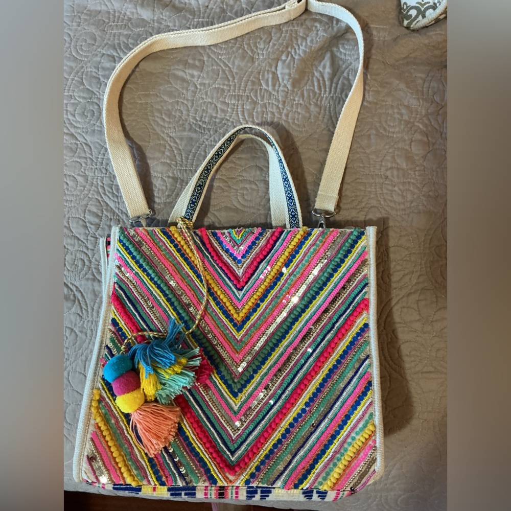 America & Beyond Chevron Boho Multicolor Pom-Pom Embroidered Crossbody Tote Bag - Picture 6 of 8